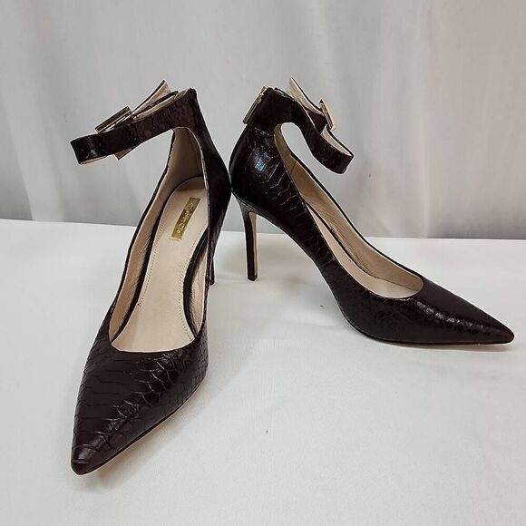 Louise Et Cie Size 10 Snake Skin Pointy Toe Ankle Strap 4" Heel N Burgandy - Picture 2 of 11
